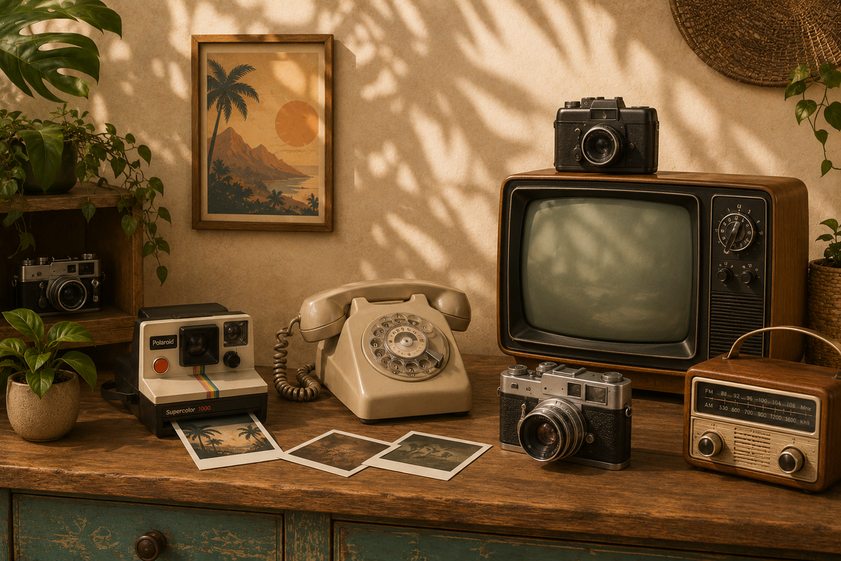 Collection vintage d'objets anciens comprenant un téléphone rétro, une télévision ancienne, un Polaroid, des appareils photo vintage et une radio d'époque, disponibles sur Ter La à La Réunion.