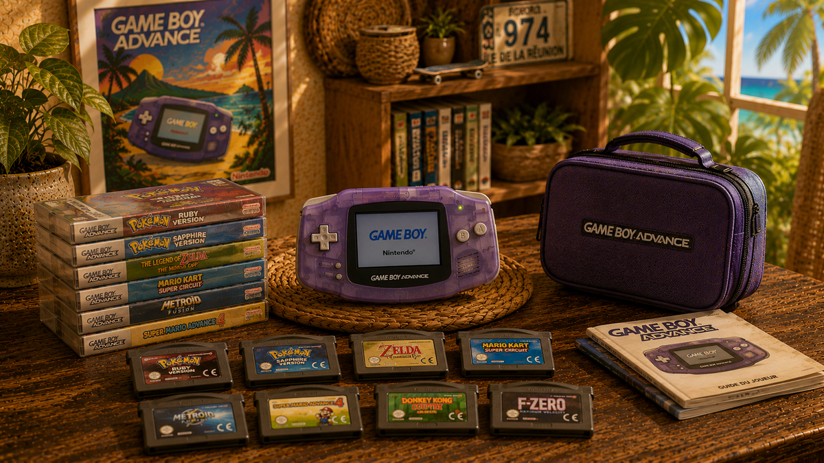 Collection de jeux Game Boy Advance d'occasion avec console portable, cartouches et boîtes de jeux rétro dans une ambiance tropicale chaleureuse, disponible sur Ter La à La Réunion.