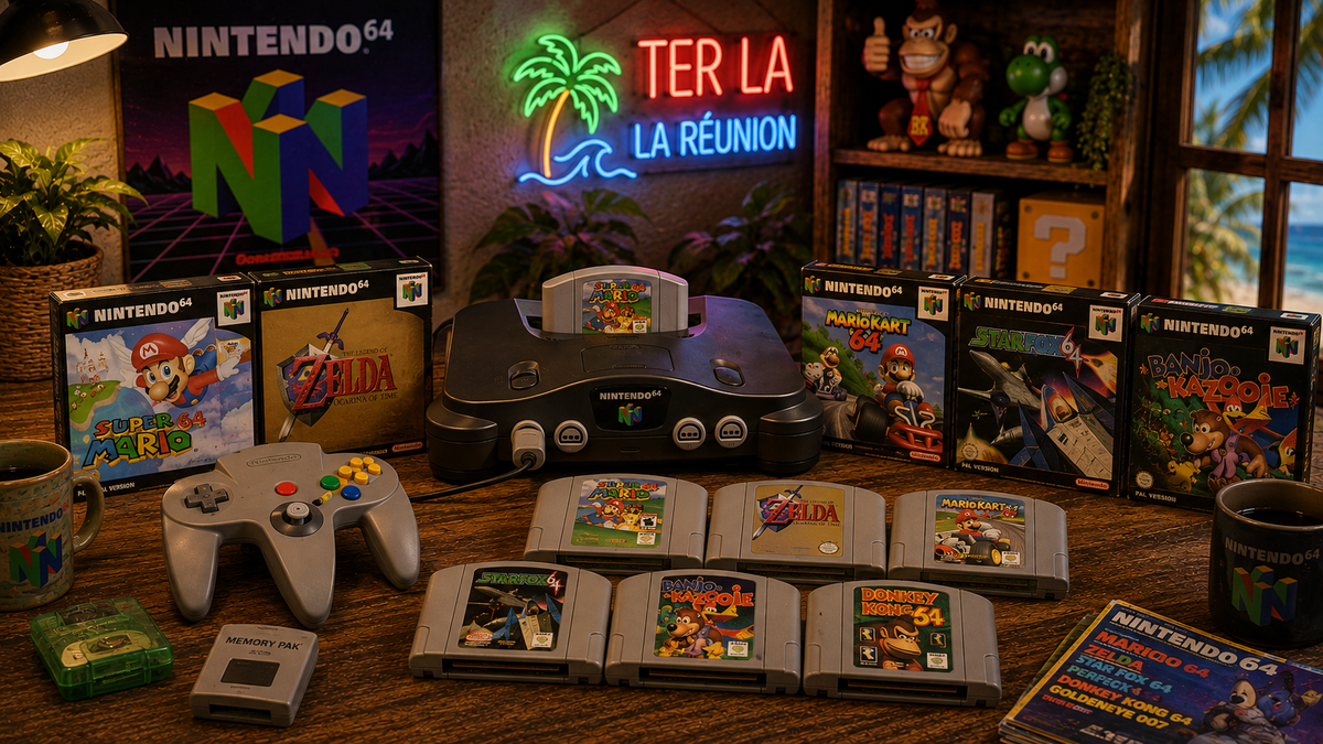 Collection de jeux Nintendo 64 d'occasion avec console rétro, manette, cartouches et boîtiers de jeux dans une ambiance tropicale chaleureuse, disponible sur Ter La à La Réunion.