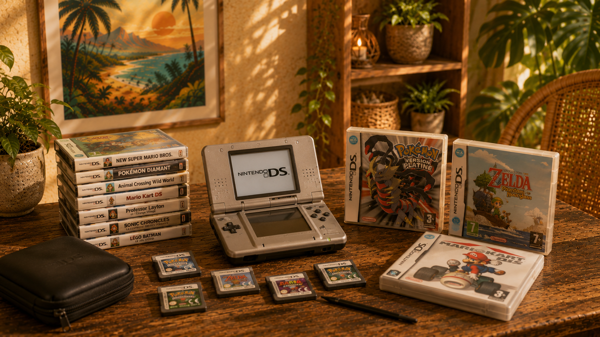 Collection de jeux Nintendo DS d'occasion avec console portable, cartouches et boîtes de jeux dans une ambiance tropicale, disponible sur Ter La à La Réunion.
