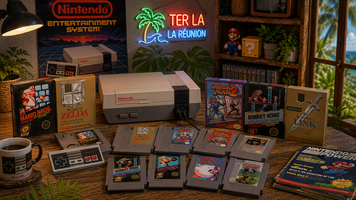 Collection de jeux Nintendo NES d'occasion avec console rétro, manette, cartouches et boîtiers de jeux dans une ambiance tropicale chaleureuse, disponible sur Ter La à La Réunion.