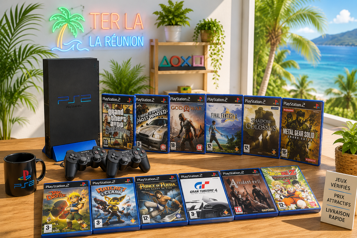 Collection de jeux PS2 d'occasion avec console PlayStation 2, manettes et boîtiers de jeux dans une ambiance tropicale lumineuse, disponible sur Ter La à La Réunion.