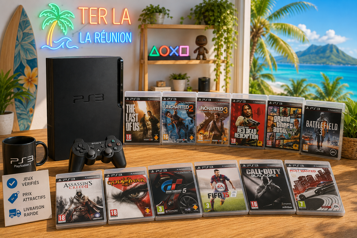 Collection de jeux PS3 d'occasion avec console PlayStation 3, manette et boîtiers de jeux dans une ambiance tropicale lumineuse, disponible sur Ter La à La Réunion.