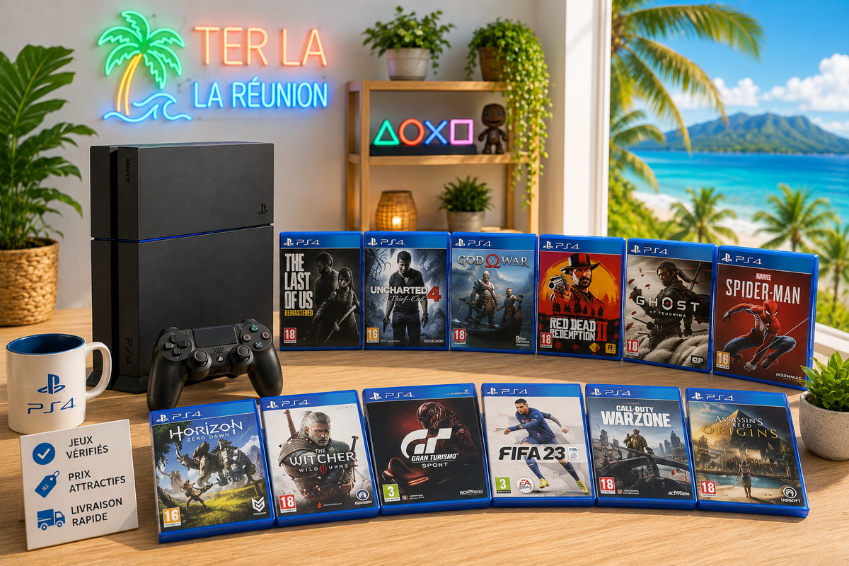 Collection de jeux PS4 d'occasion avec console PlayStation 4, manette et boîtiers de jeux dans une ambiance tropicale lumineuse, disponible sur Ter La à La Réunion.