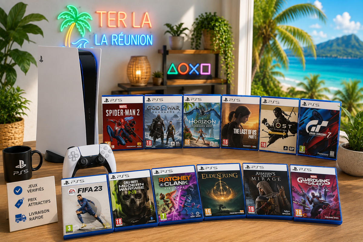 Collection de jeux PS5 d'occasion avec console PlayStation 5, manette DualSense et boîtiers de jeux dans une ambiance tropicale lumineuse, disponible sur Ter La à La Réunion.