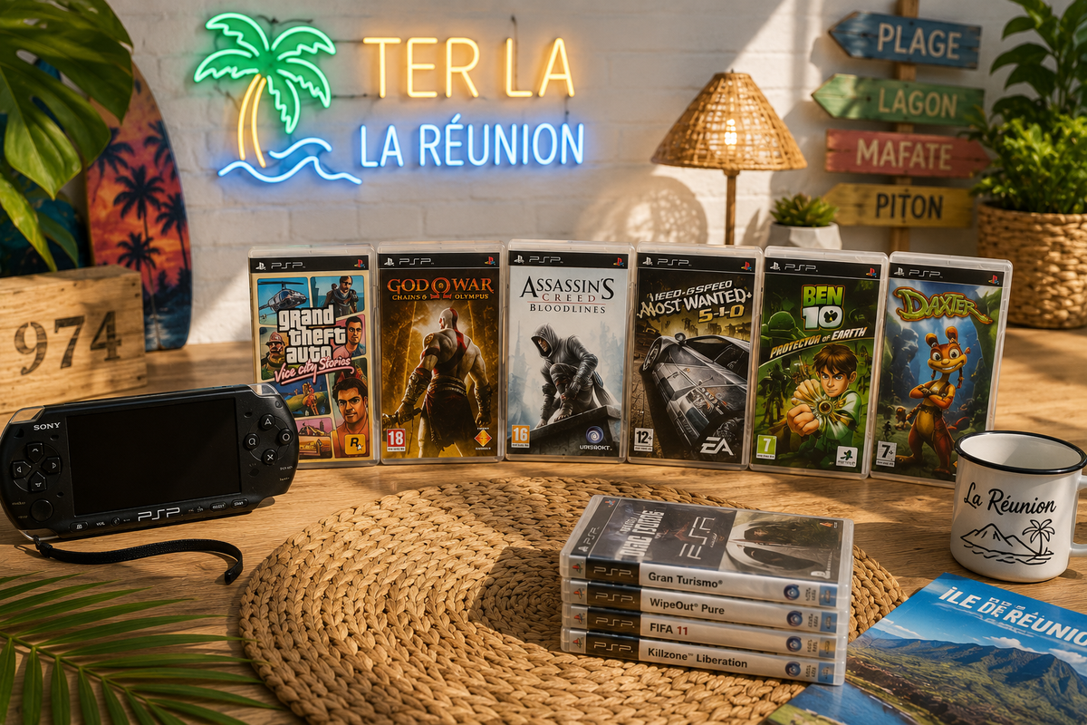 Collection de jeux PSP d'occasion avec console PlayStation Portable, boîtiers de jeux et accessoires dans une ambiance tropicale lumineuse, disponible sur Ter La à La Réunion.