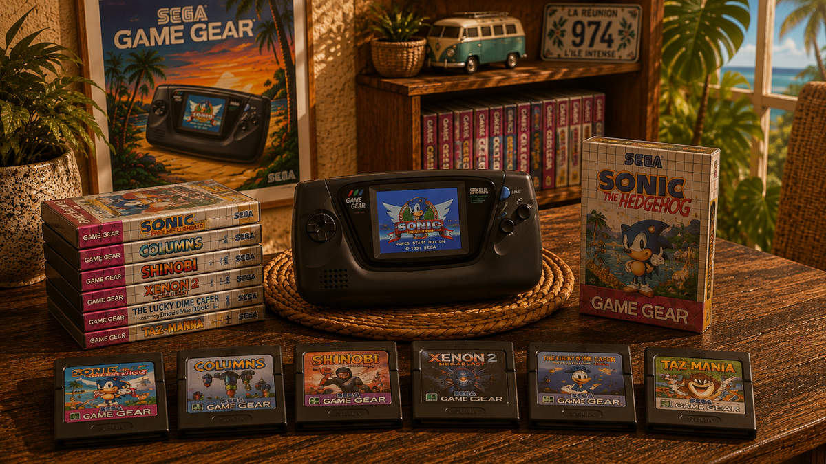 Jeux Sega Game Gear d'occasion présentés avec une console portable rétro dans une ambiance tropicale sur Ter La à La Réunion.