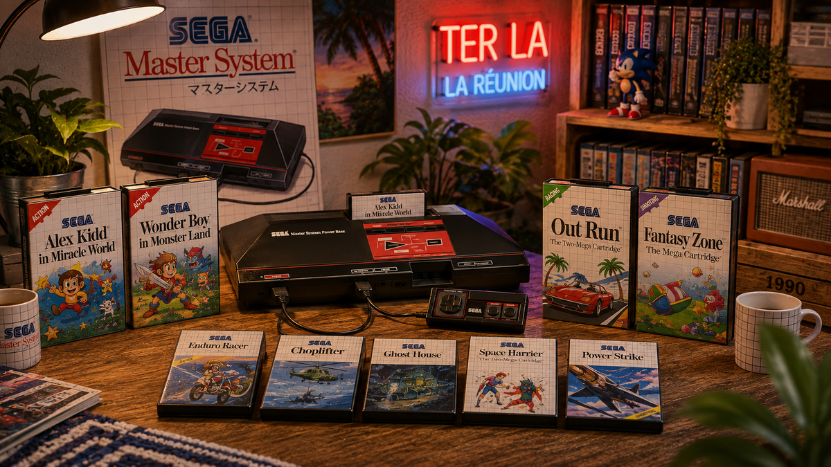 Collection de jeux Sega Master System d'occasion avec console rétro, manette et boîtiers de jeux dans une ambiance tropicale chaleureuse, disponible sur Ter La à La Réunion.