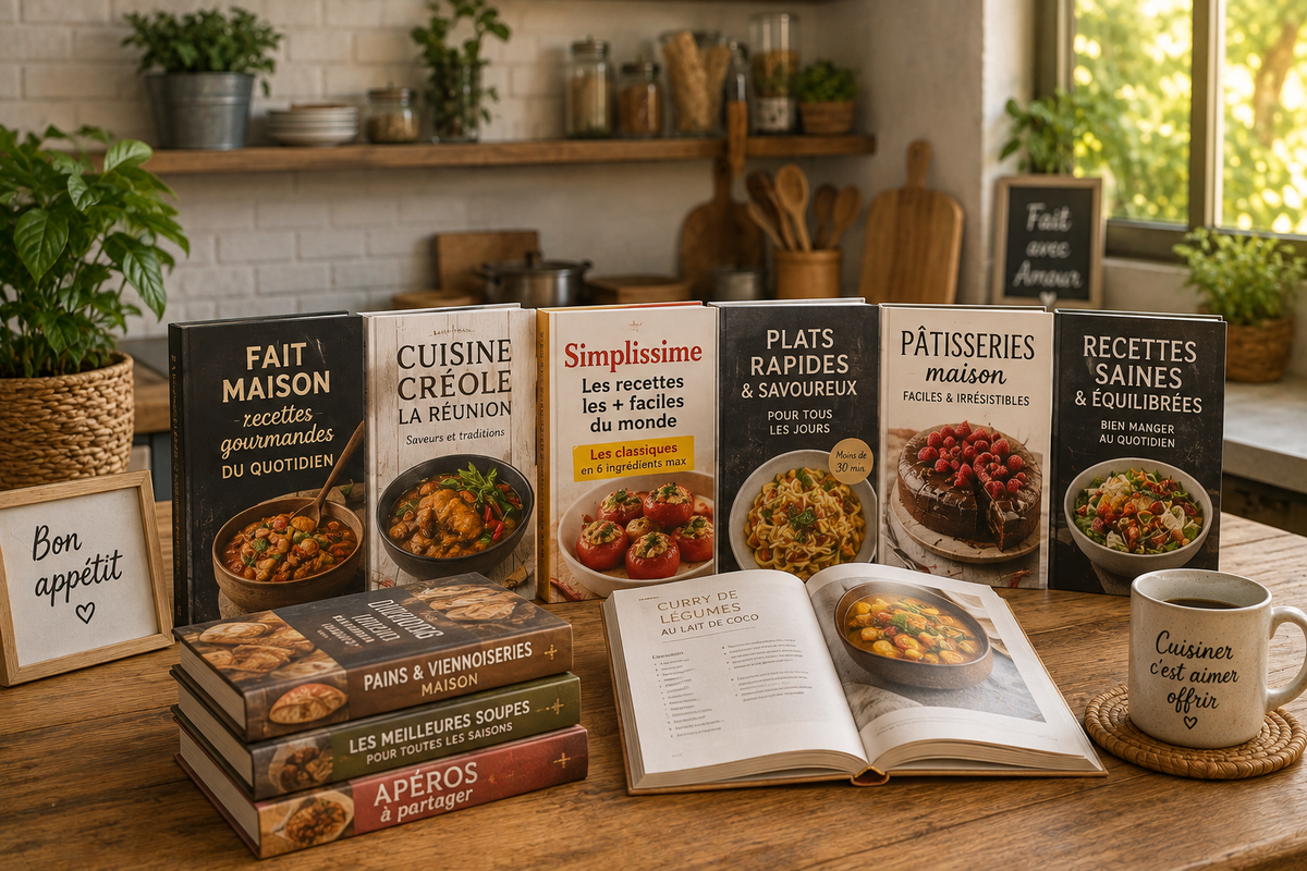Collection de livres de cuisine d'occasion avec ouvrages de cuisine créole, pâtisserie, recettes du monde et cuisine saine dans une ambiance chaleureuse, disponible sur Ter La à La Réunion.