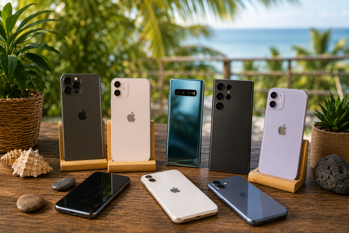 Collection de téléphones d'occasion avec smartphones Apple, Samsung, Google Pixel et autres modèles dans une ambiance tropicale lumineuse, disponible sur Ter La à La Réunion.