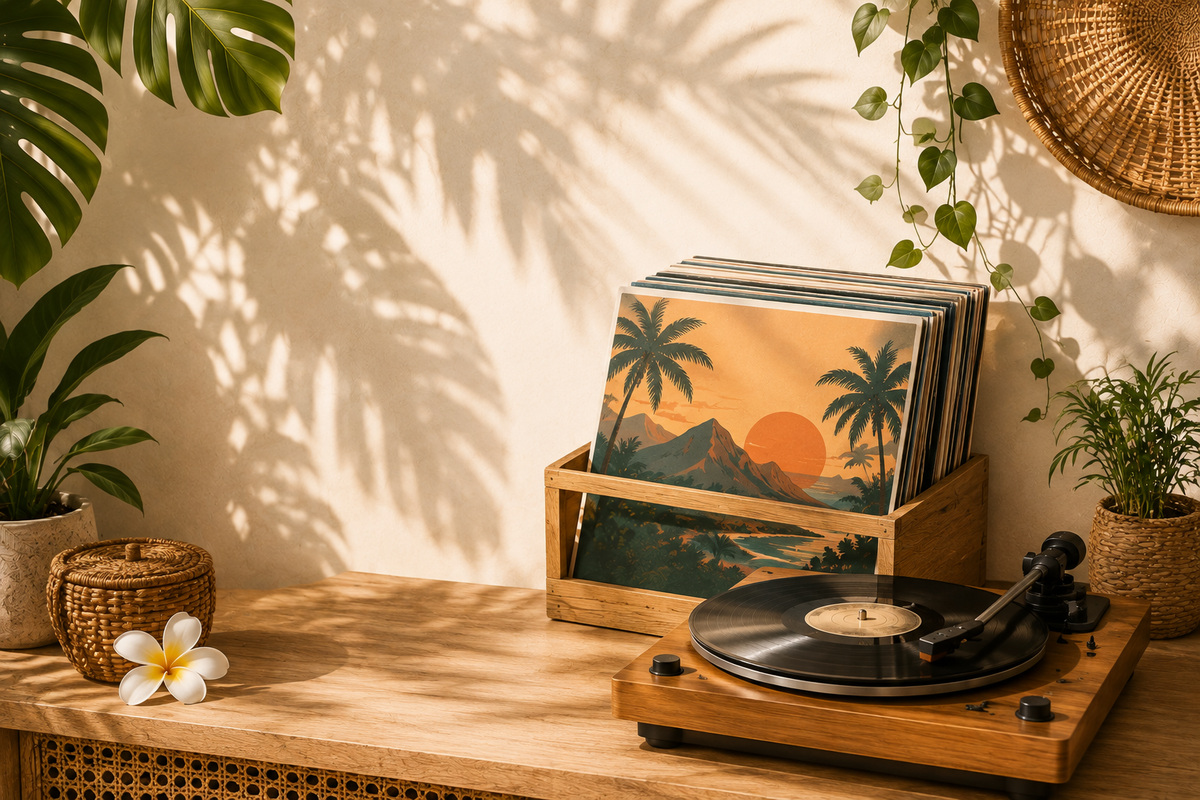 Collection de vinyles d'occasion présentés sur une platine dans une ambiance tropicale, disponibles sur Ter La à La Réunion.